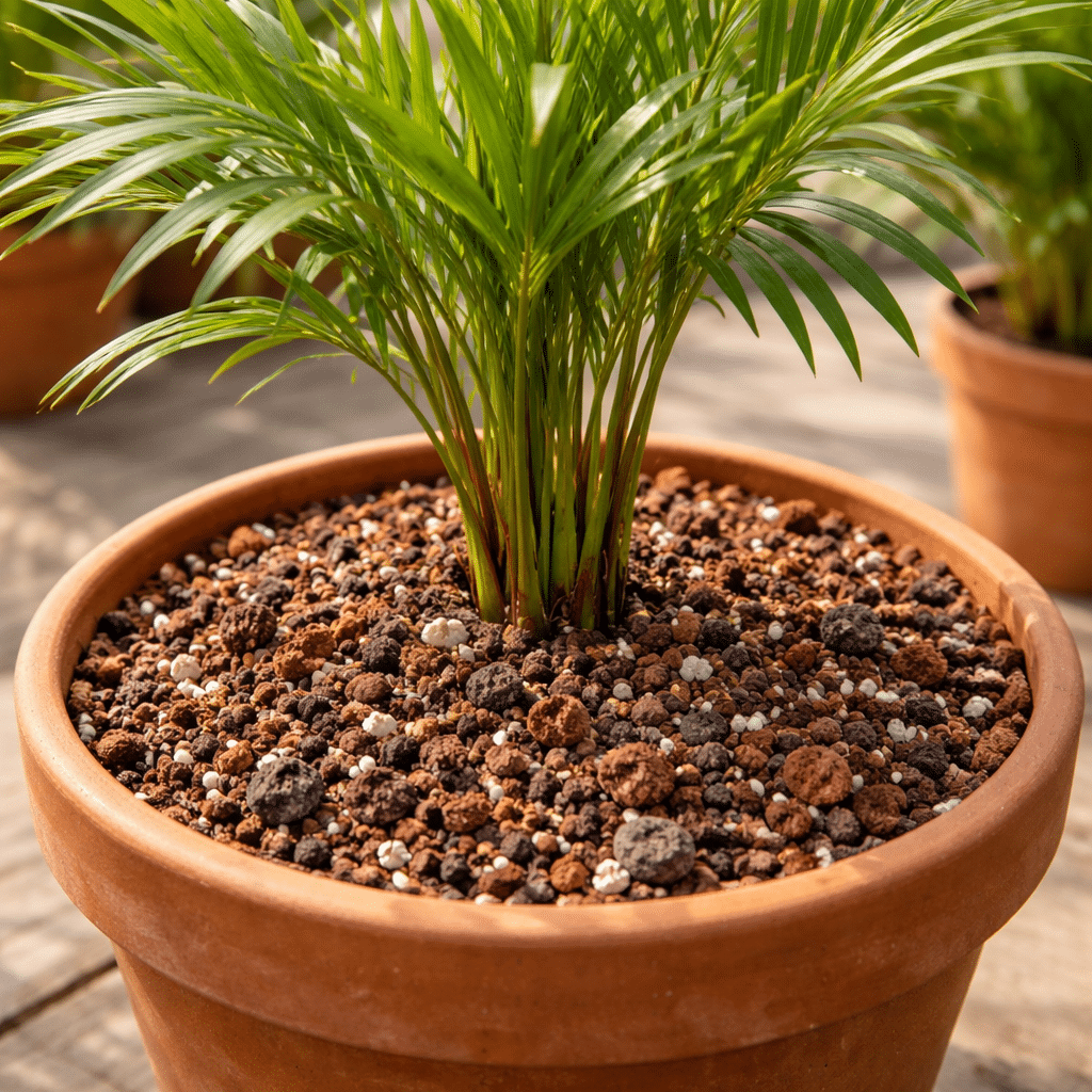 Palmenerde selber mischen Palme mit selbstgemischter Palmenerde im Topf
